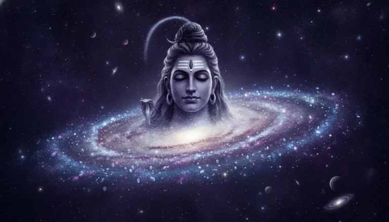 A flowing stream of brilliant white stars and liquid stardust originating from Lord Shiva's matted hair.