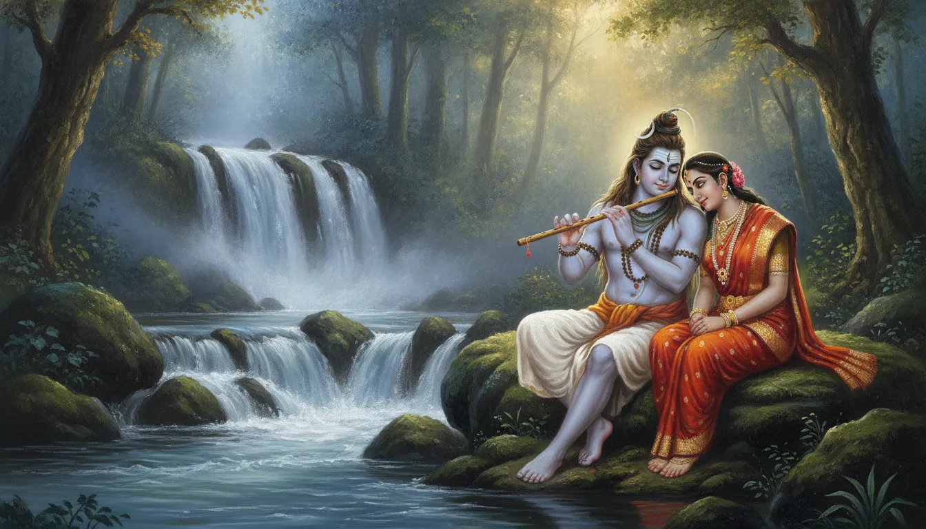 Shiva playing a musical instrument for Parvati near a beautiful cascading waterfall in a lush forest