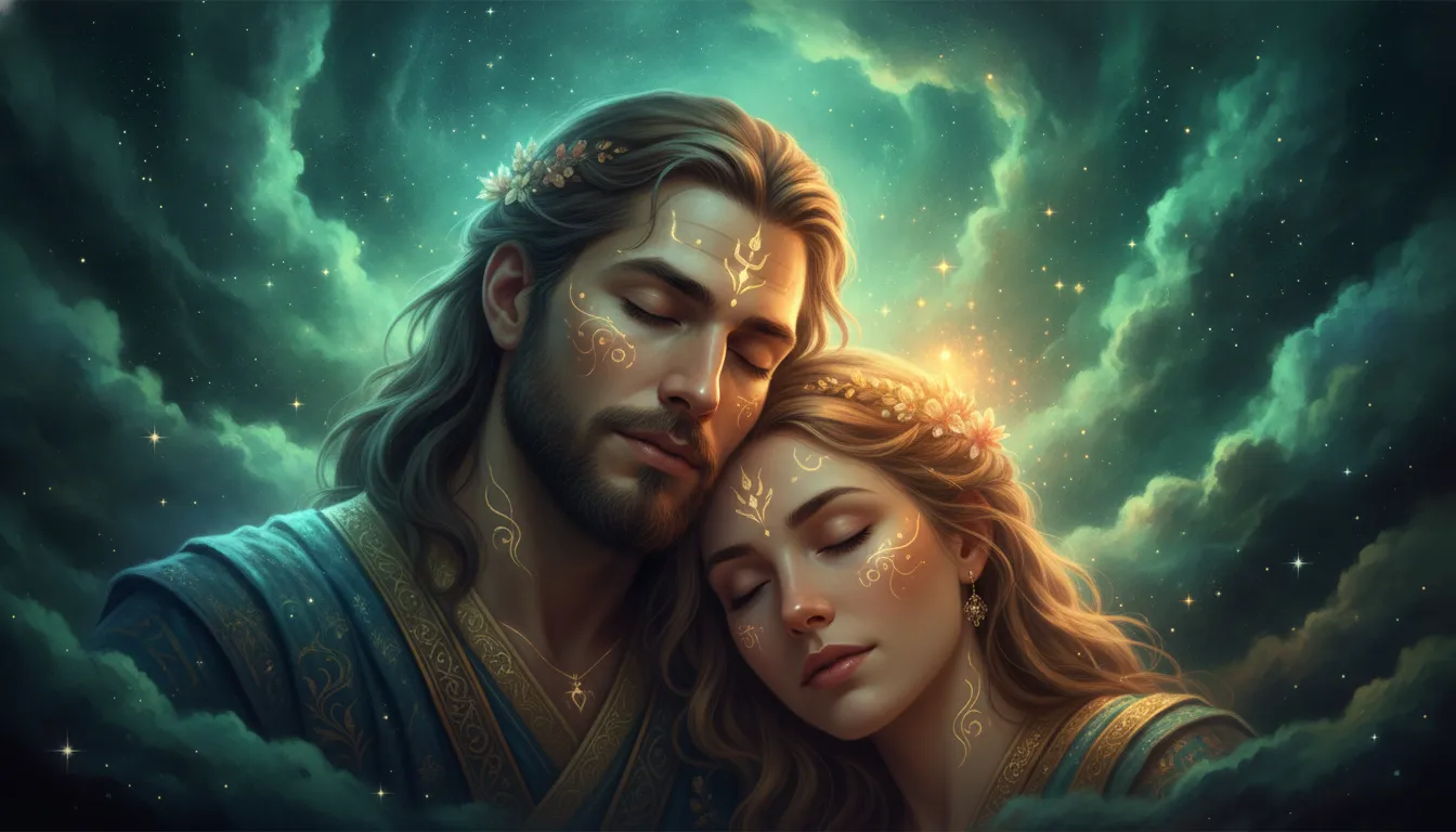 Blue-skinned god and goddess resting peacefully against a backdrop of rare emerald green and teal cosmic nebula clouds