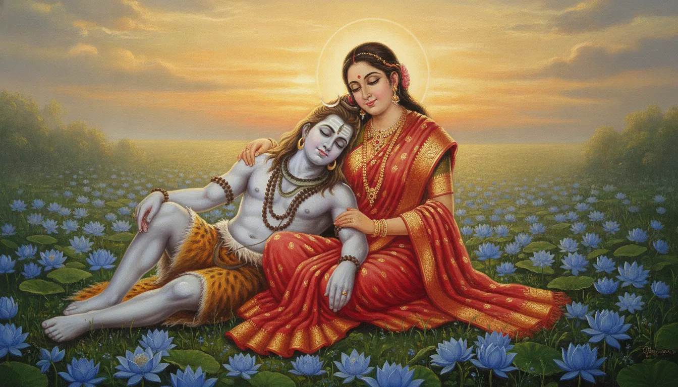 Goddess Parvati cradling a peaceful Lord Shiva in a celestial meadow