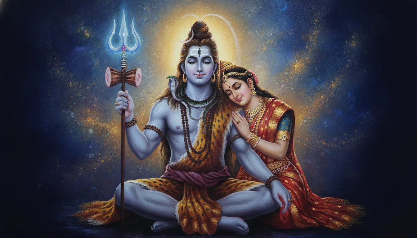 Stylized digital artwork of Lord Shiva with a glowing trident and Goddess Parvati by his side in a calm meditative posture.