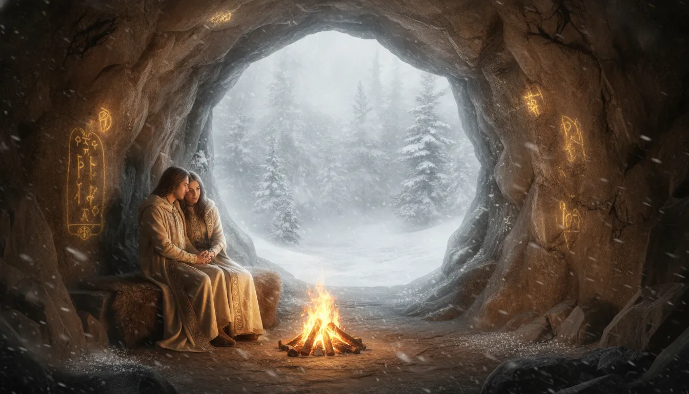 Divine couple resting near a warm glowing fire inside a stone cave looking out at a snowy landscape.