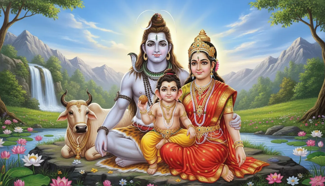 Lord Shiva, Goddess Parvati, and young Lord Ganesha sitting together
