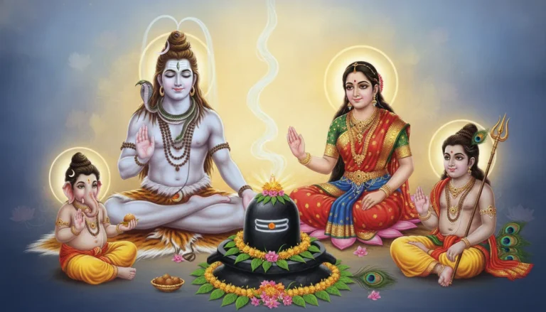 Shiv Parivar images with shivling showing Lord Shiva Mata Parvati Lord Ganesha and Murugan sitting together blessing a glowing Shivling