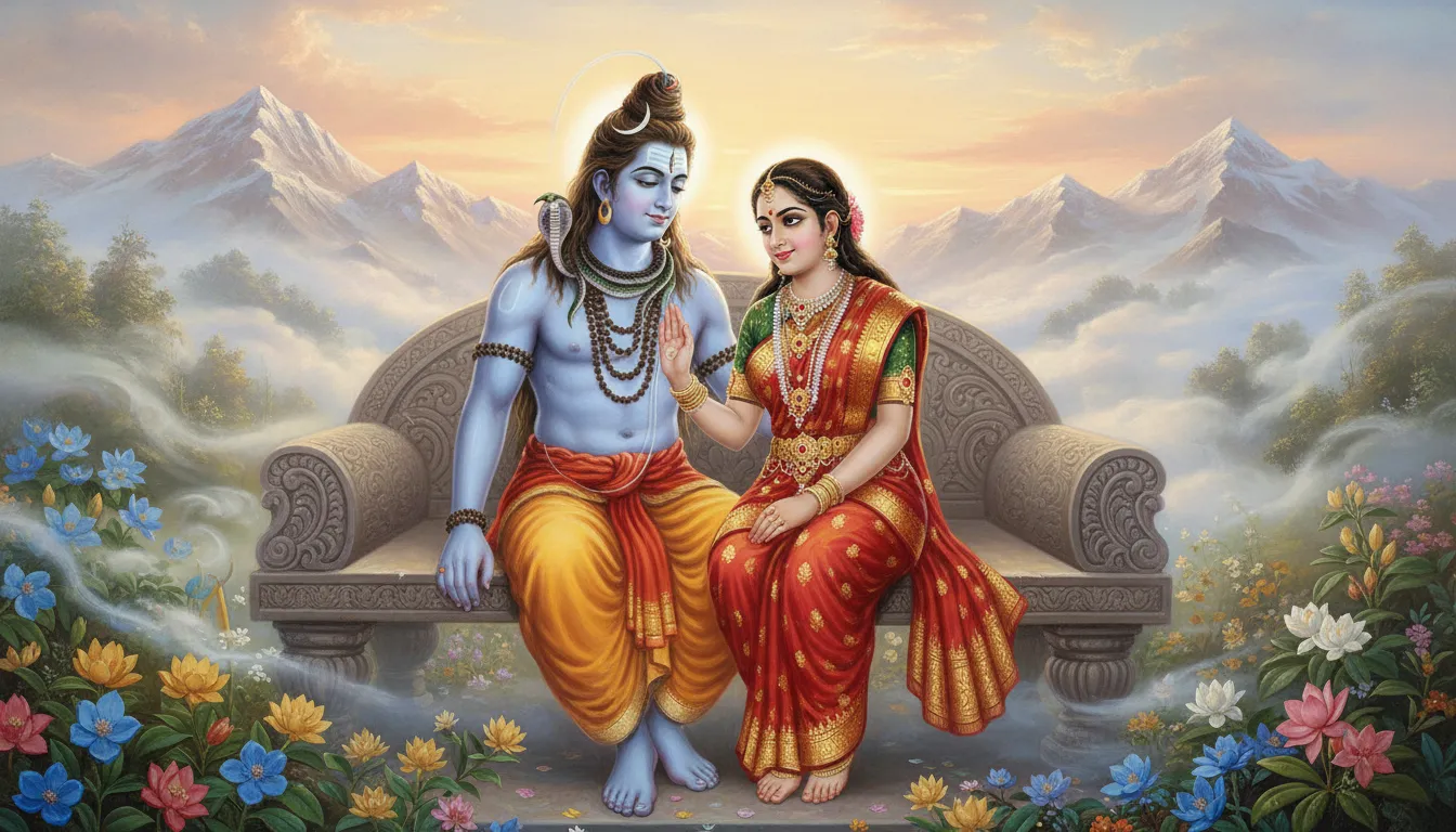Lord Shiva and Goddess Parvati sitting together in a divine and loving embrace.