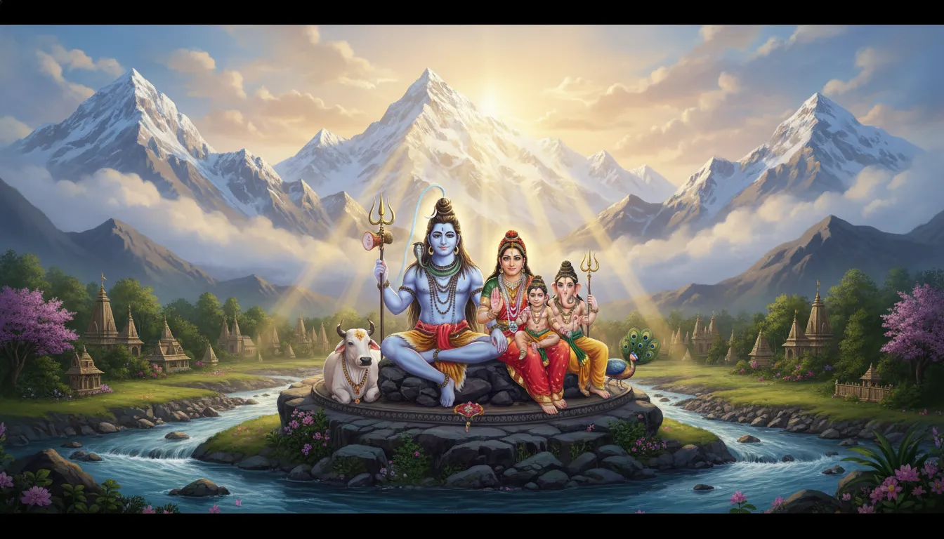 Majestic background wallpaper of Shiva family with the holy river Ganga and Himalayan mountains