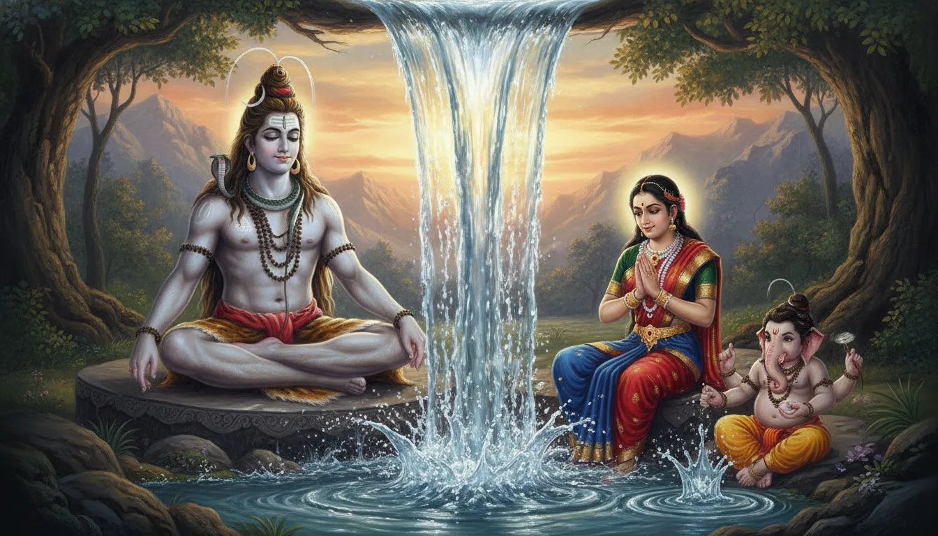 Artwork showing Shiva family with River Ganga flowing from Shiva's matted hair into a scenic valley.