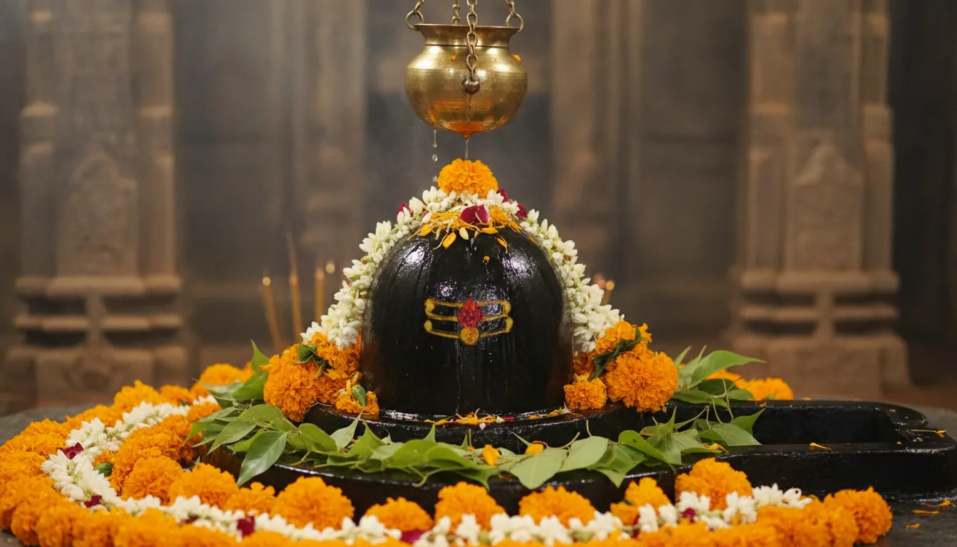 Har Har Mahadev image photo of a sacred Shivling decorated with flowers and Bael leaves.