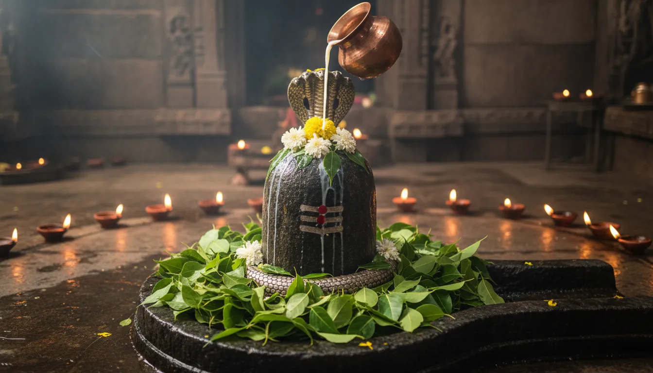 Ultra HD 1080p wallpaper of sacred Shiva Lingam decorated with Bael leaves and flowers.