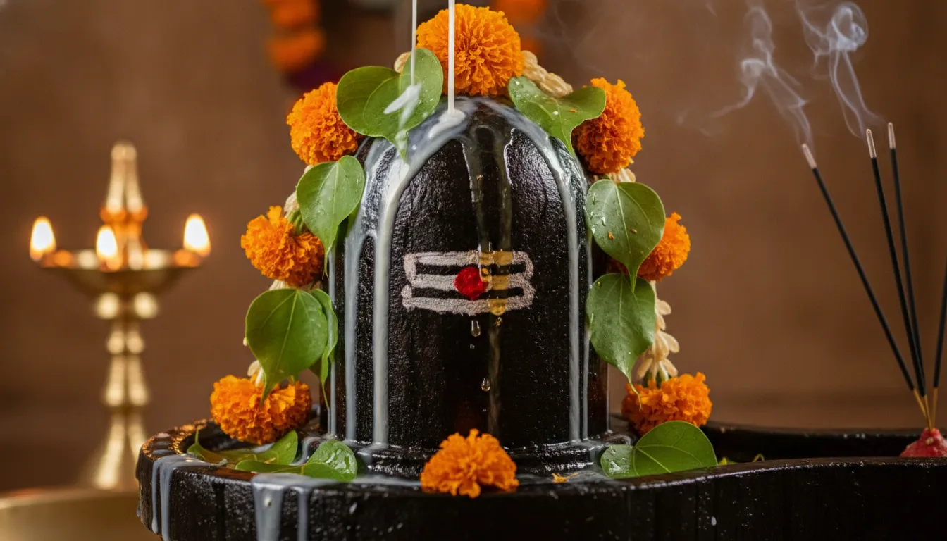 Holy Shiva Lingam being decorated with milk, water, and Bael leaves