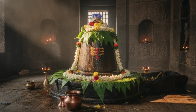 A sacred Shiva Lingam beautifully decorated with Bael leaves and flowers.
