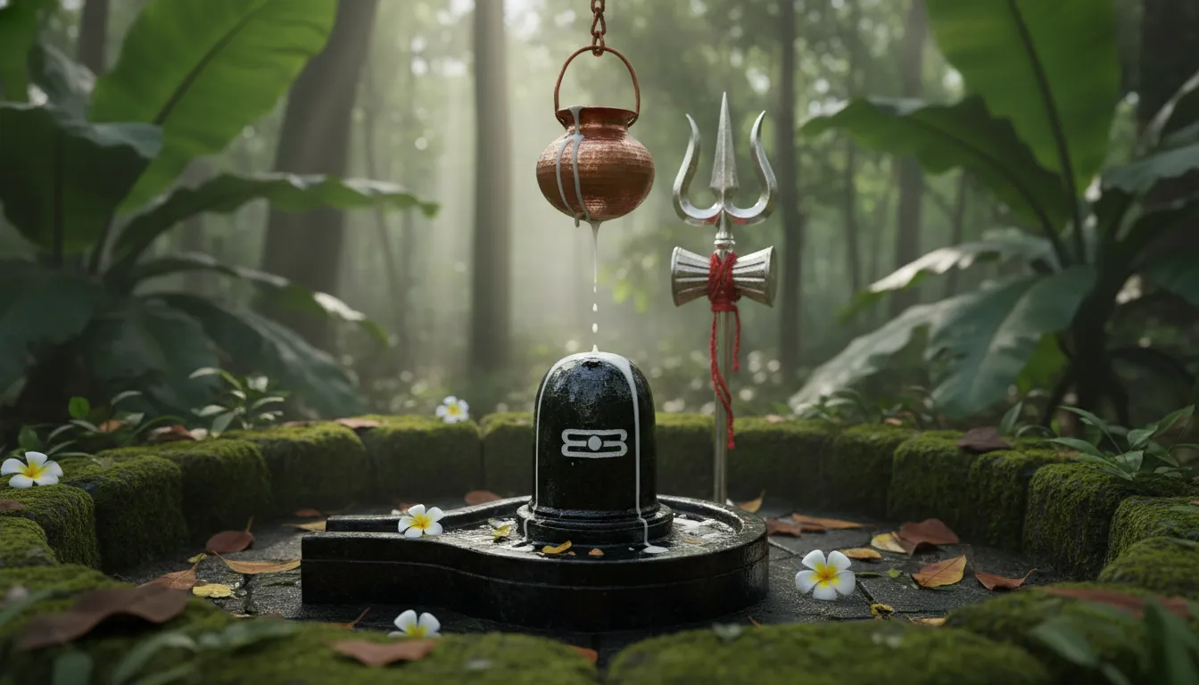 HD wallpaper of holy Shiva Lingam with Trishul and water droplets.