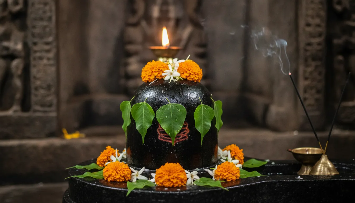 Beautiful shiva lingam with bilva leaves and flowers har mahadev photo