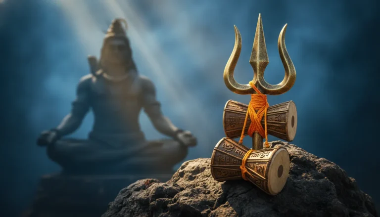 Har Har Mahadev photo focusing on the sacred Trishul and Damru in a divine setting
