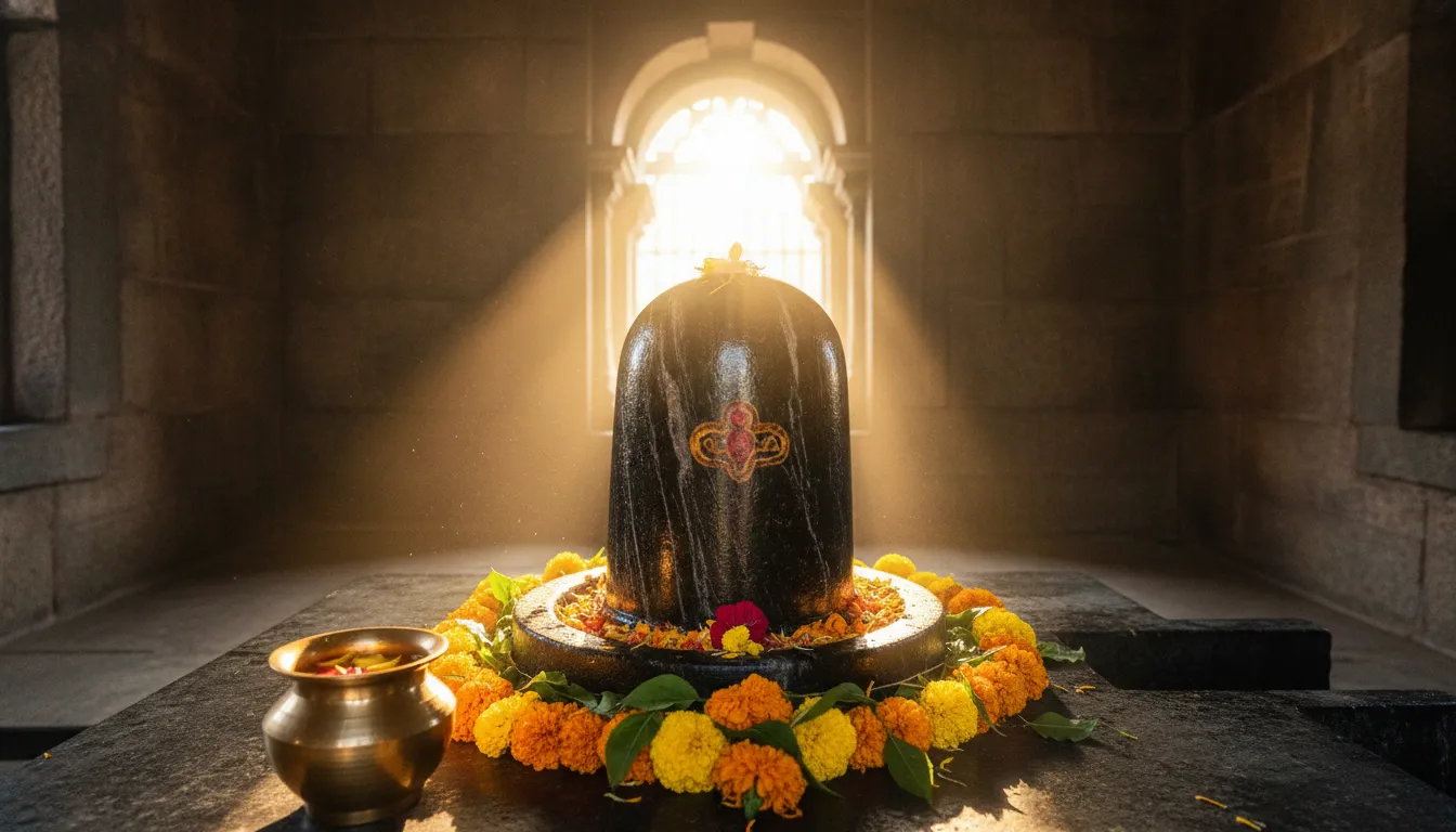 Shivling 4K images with morning golden sunrays in a temple setup