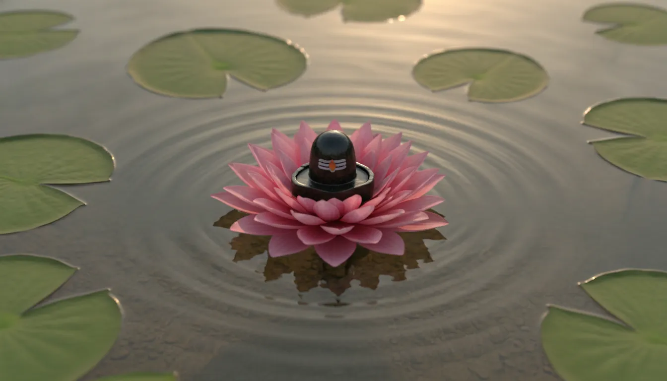 Sacred Shivling placed inside a blooming pink lotus flower in a pond