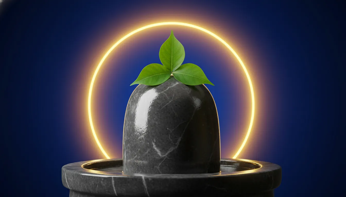 Shivling with fresh green Bili Patra illuminated by a golden aura against a solid royal blue background.