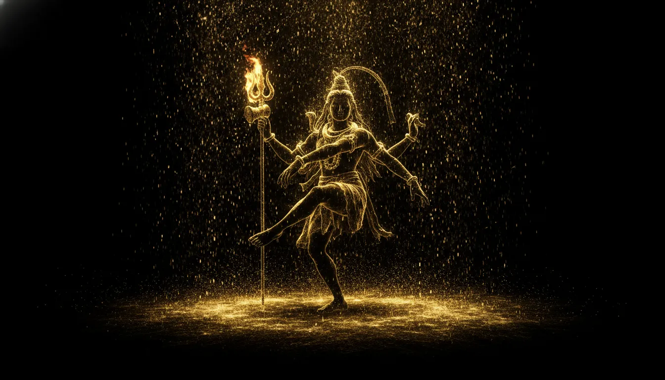Silhouette of Shiva dancing the cosmic dance under a shower of golden divine light sparks.