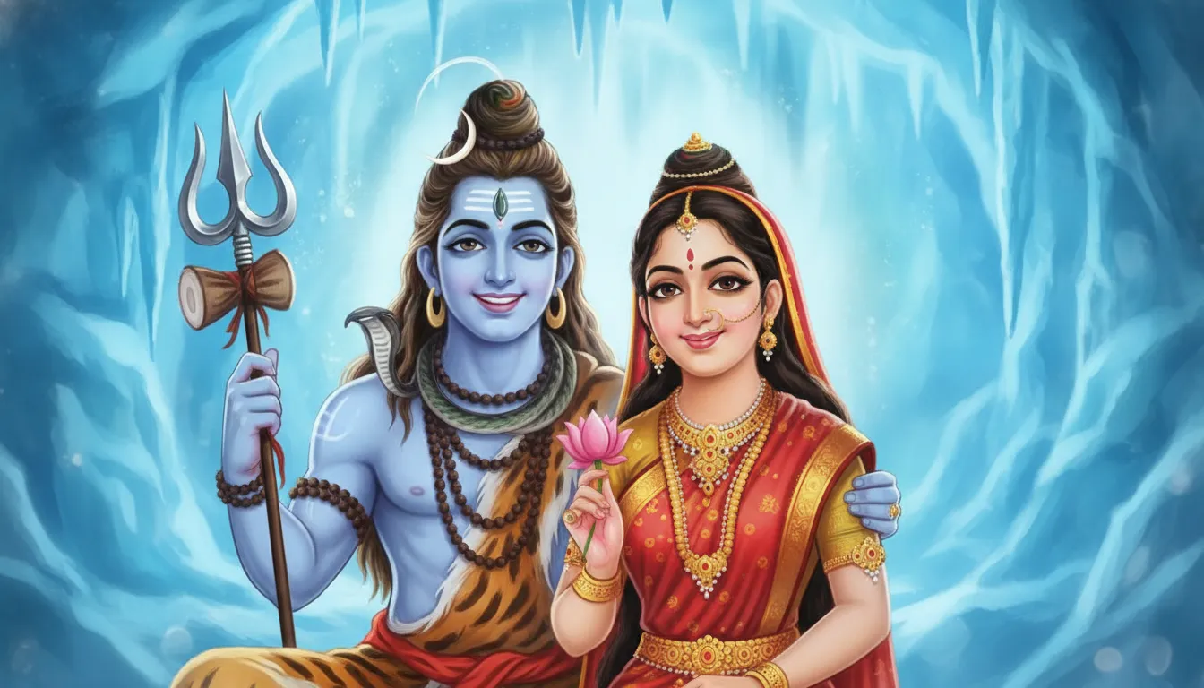 Close up cartoon portrait of smiling Shiva and Parvati inside a bright blue frozen cave.