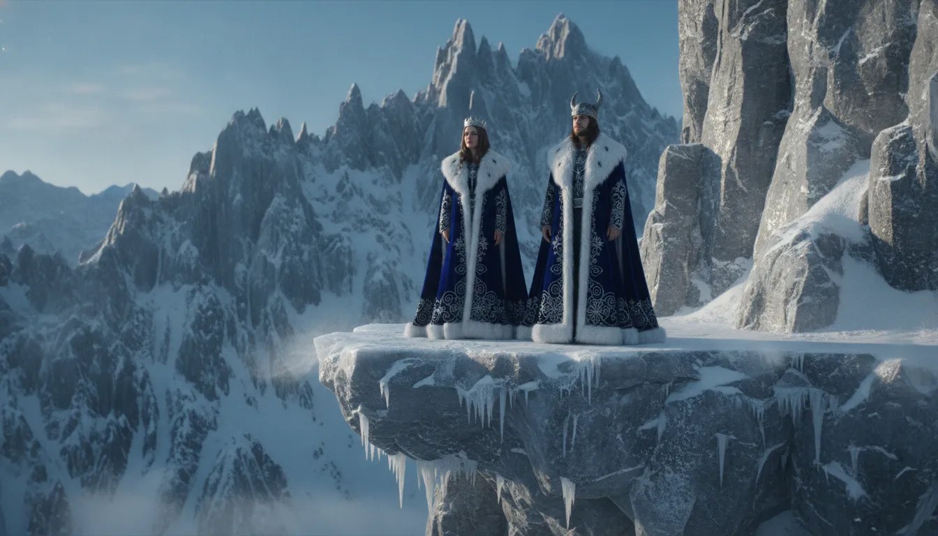 Regal divine couple wearing heavy fur-lined royal robes overlooking a vast snowy mountain range