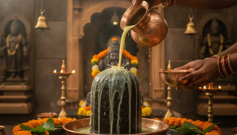 Fresh green sugarcane juice being poured from a copper pot over a holy Shiva Lingam.