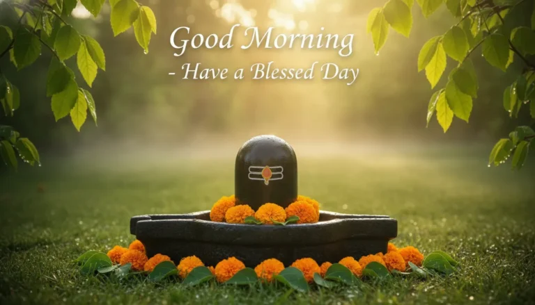 Shimmering stone Shivling with morning sun rays falling on it in a peaceful template.