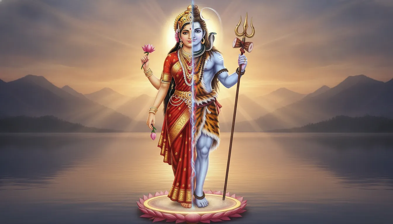 Ardhanarishvara standing form showing the perfectly split figure of cosmic Shiva and graceful Parvati.