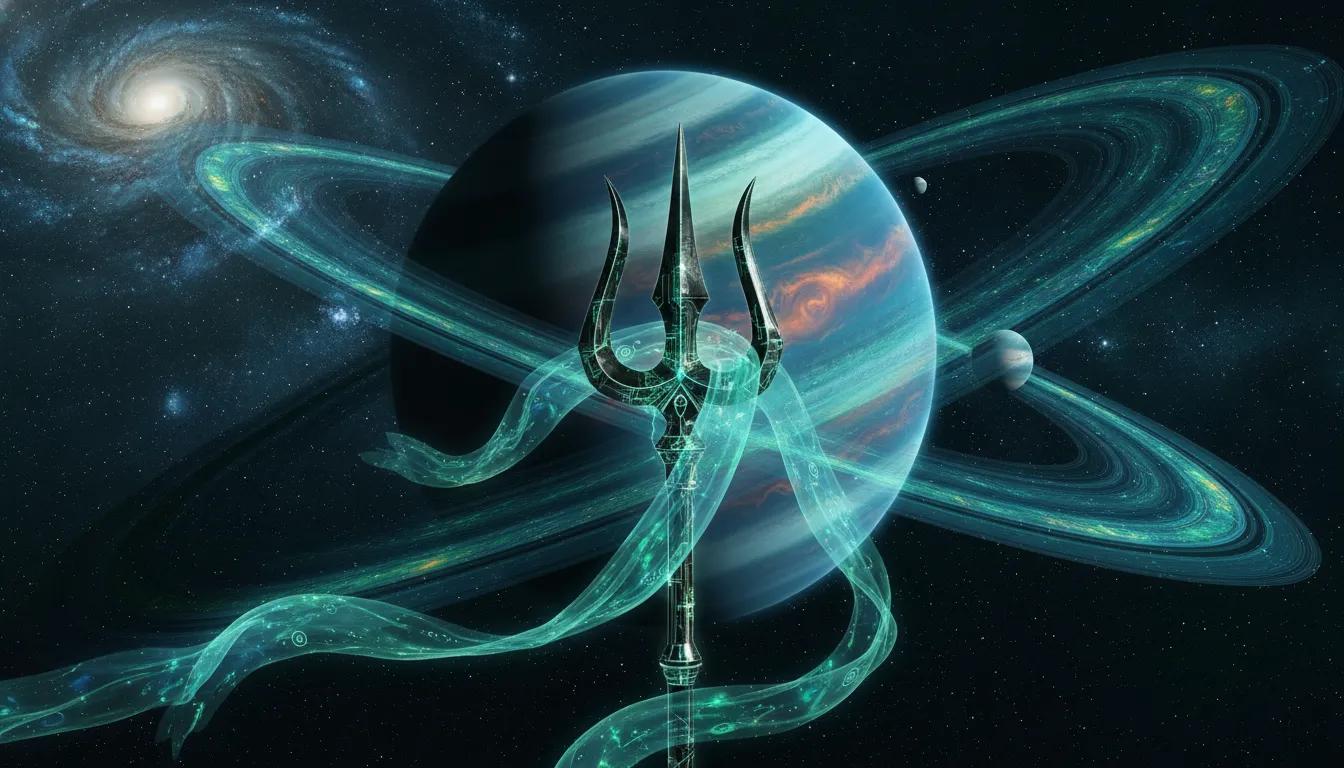 Golden Trishul floating gracefully in space with a large majestic ringed planet in the background landscape.