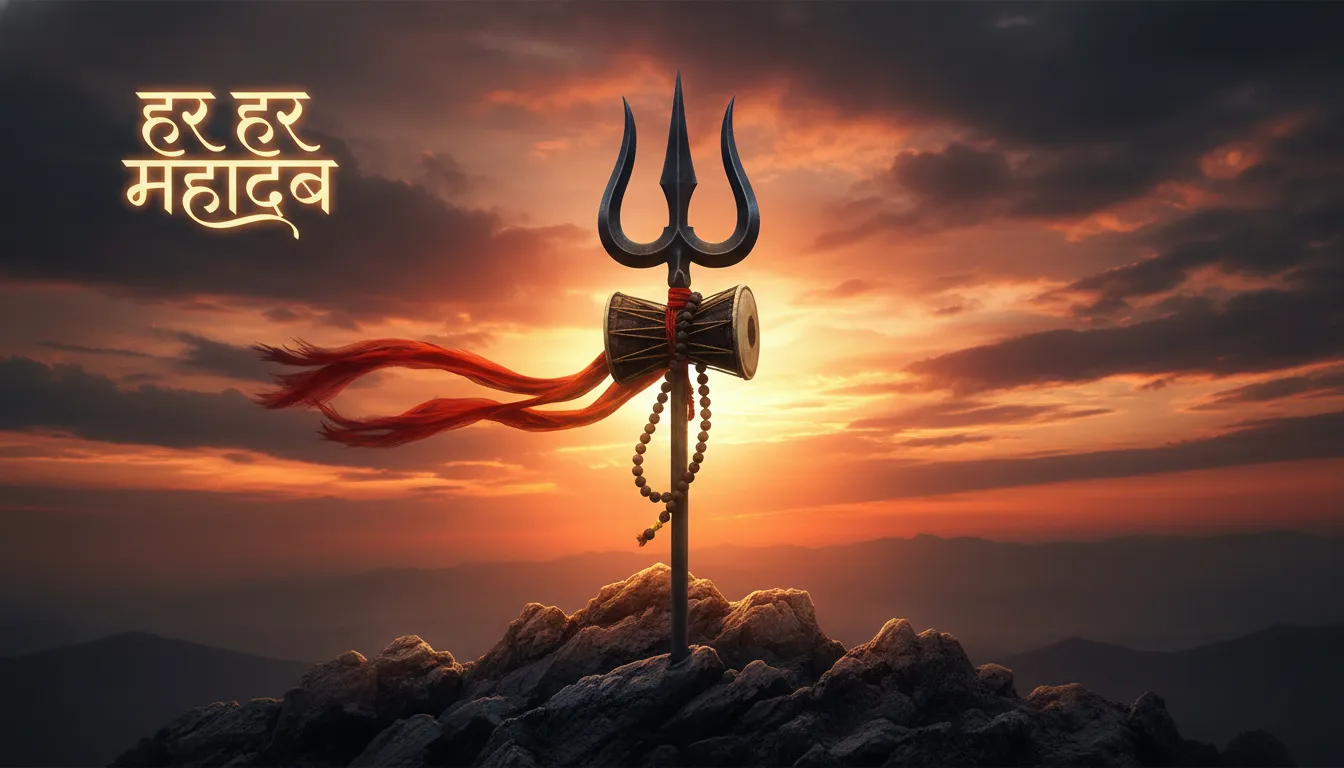 Har har mahadev cover photo featuring a powerful silhouette of Lord Shiva's Trishul and Damru.