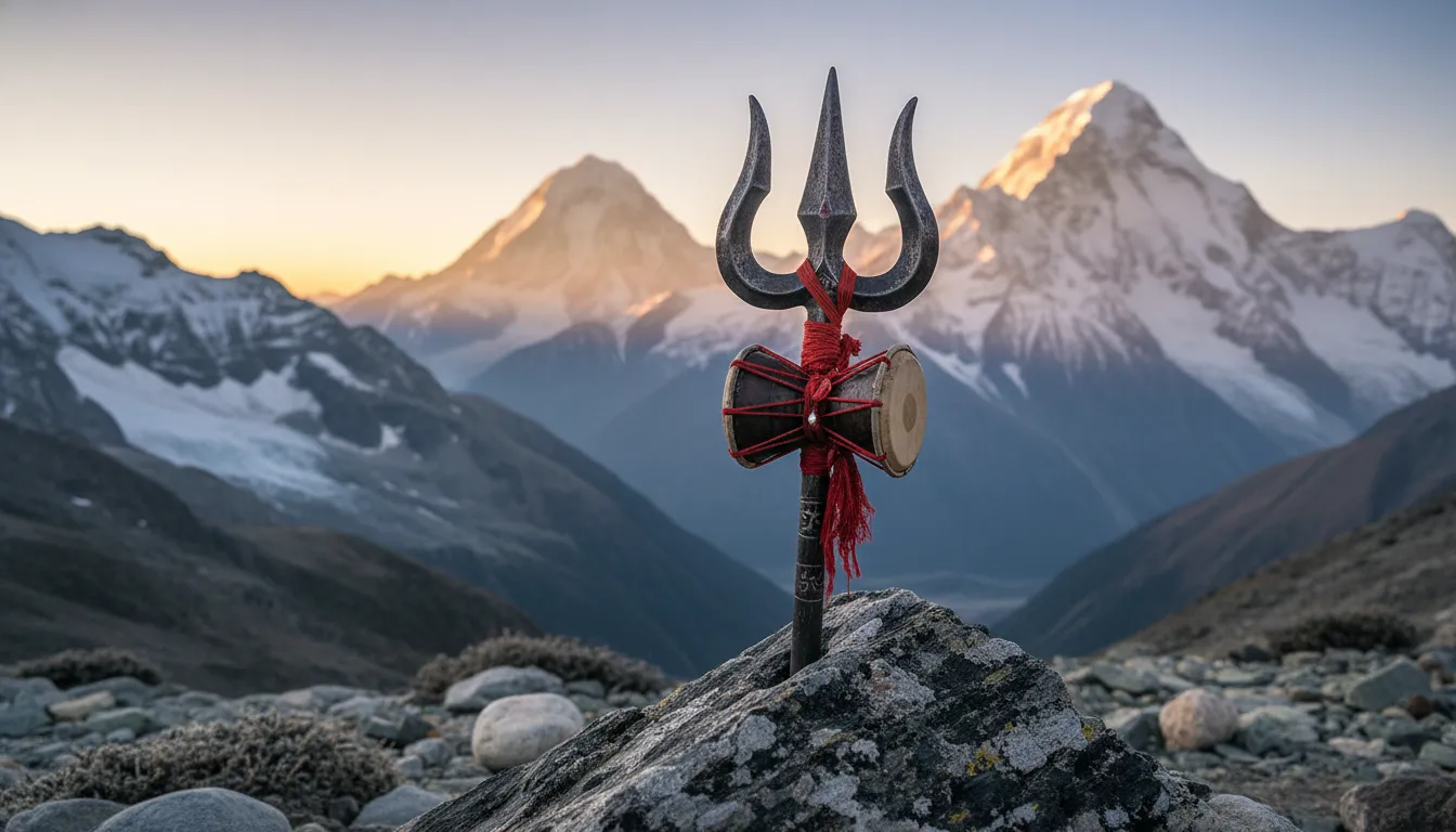 Close up of Lord Shiva trishul and damru wallpaper.