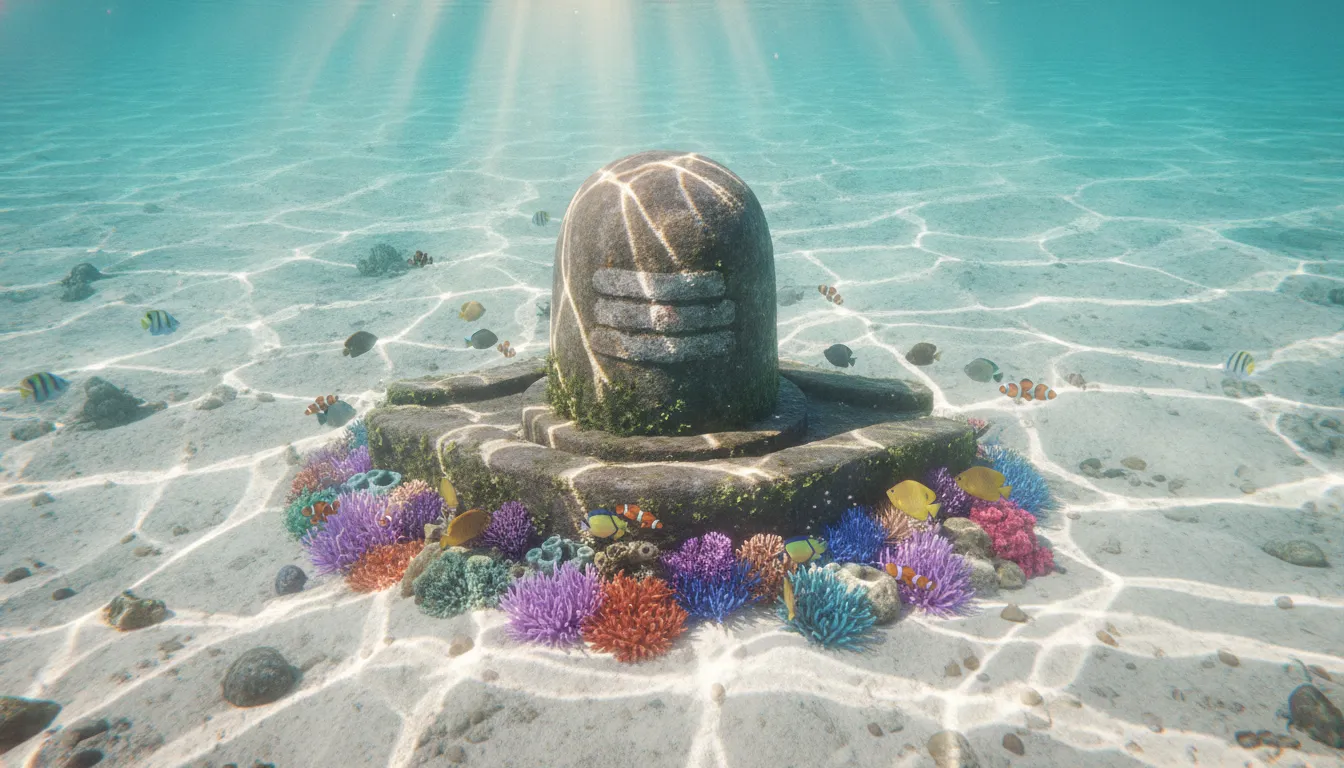 Mystical Shivling submerged in crystal clear ocean water with marine life.