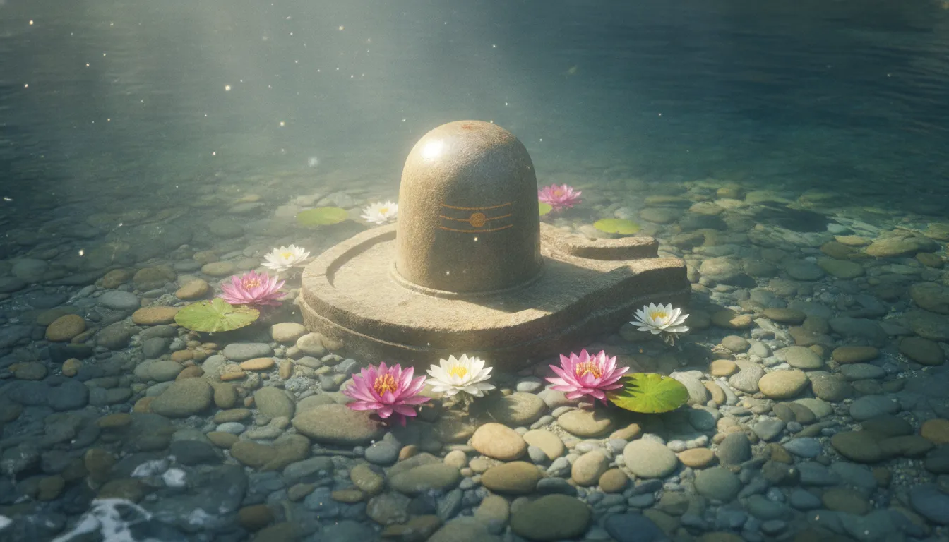 HD Lord Shivling image underwater with clear blue water and blooming lotus flowers