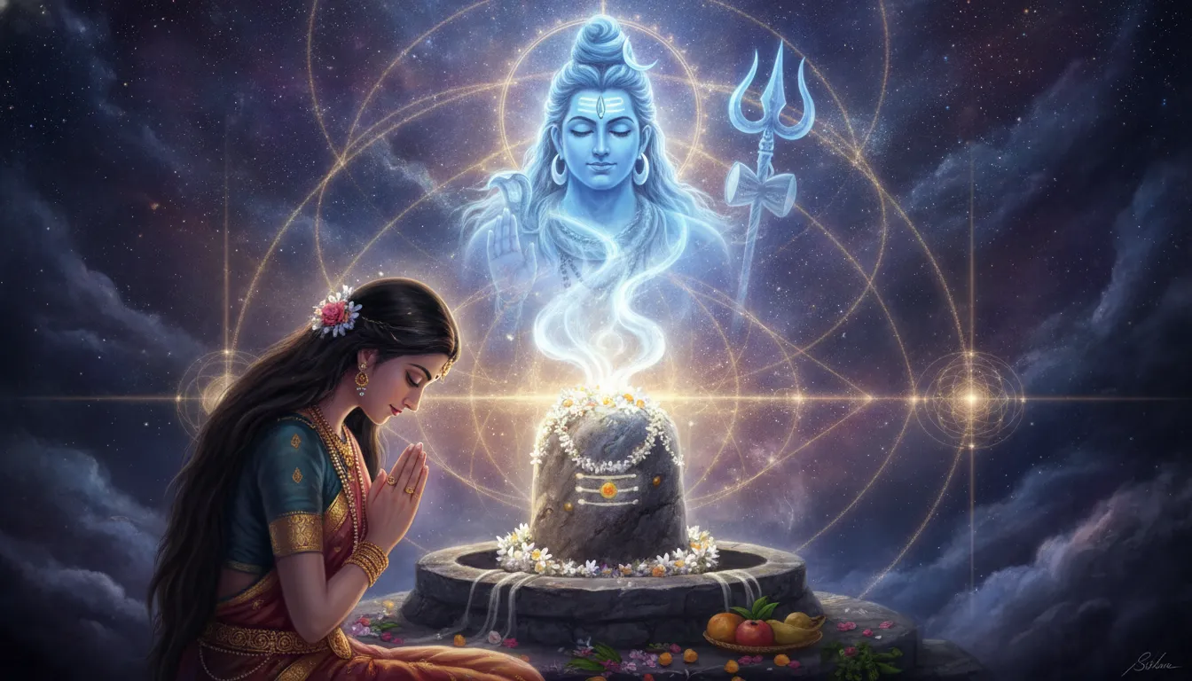 A transcendental image of Parvati worshipping a Shivling while a cosmic silhouette of Lord Shiva manifests above it.