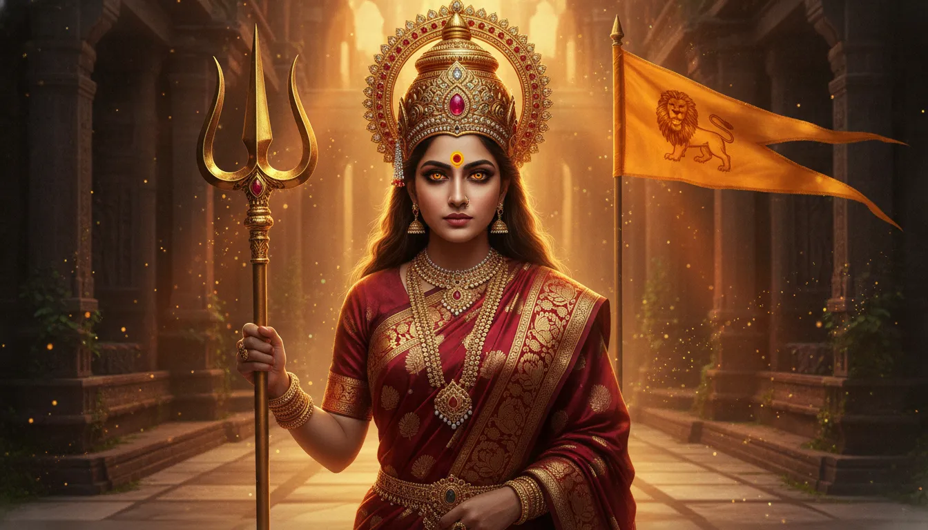 Intense digital artwork of a divine warrior goddess in a red sari holding a trishul.