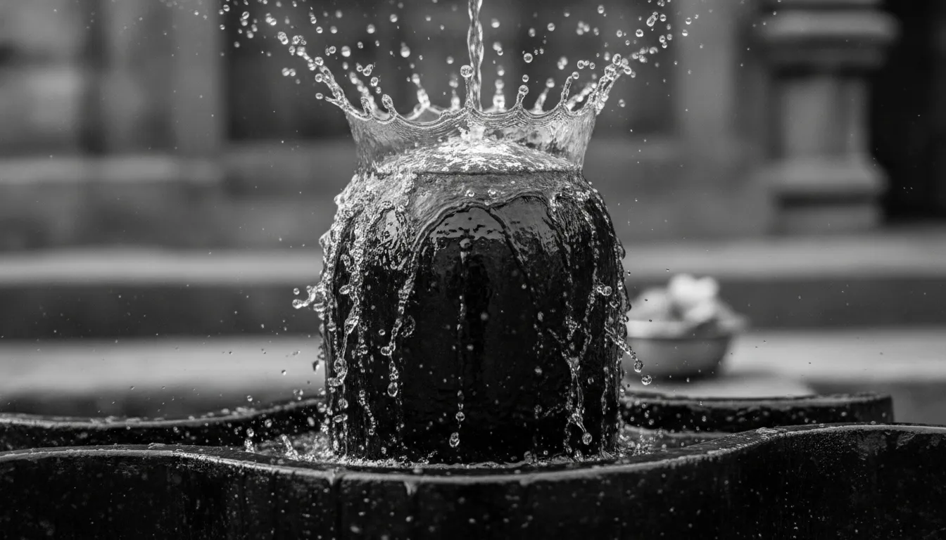 Spiritual shivling image black and white during holy water abhishekam ritual.