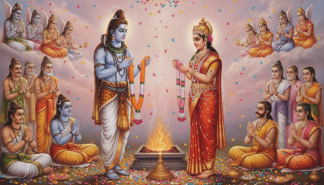 Shiva and Parvati exchanging sacred garlands during their celestial wedding ceremony