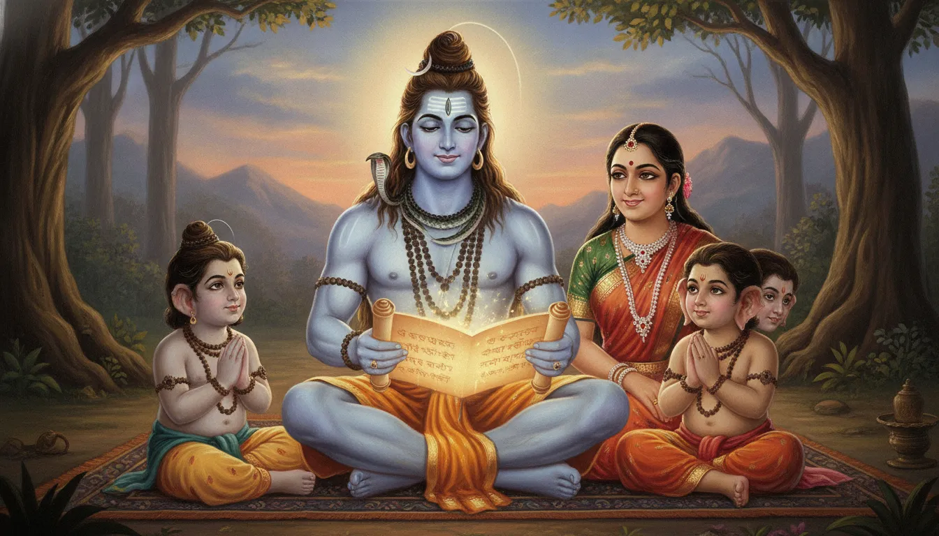 Lord Shiva explaining sacred scriptures to young Ganesha and Kartikeya with Parvati listening