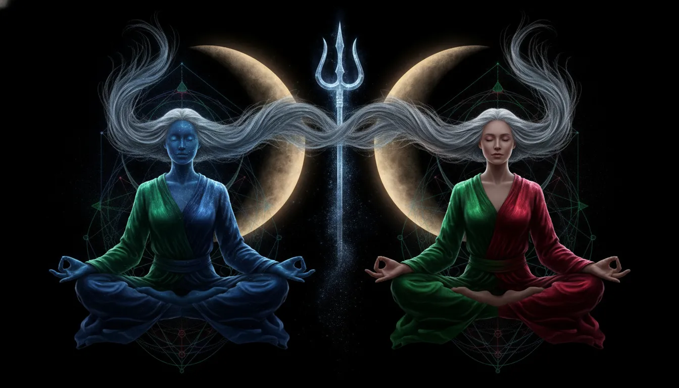 A blue celestial being and a woman meditating together to balance cosmic energies against a dark background.