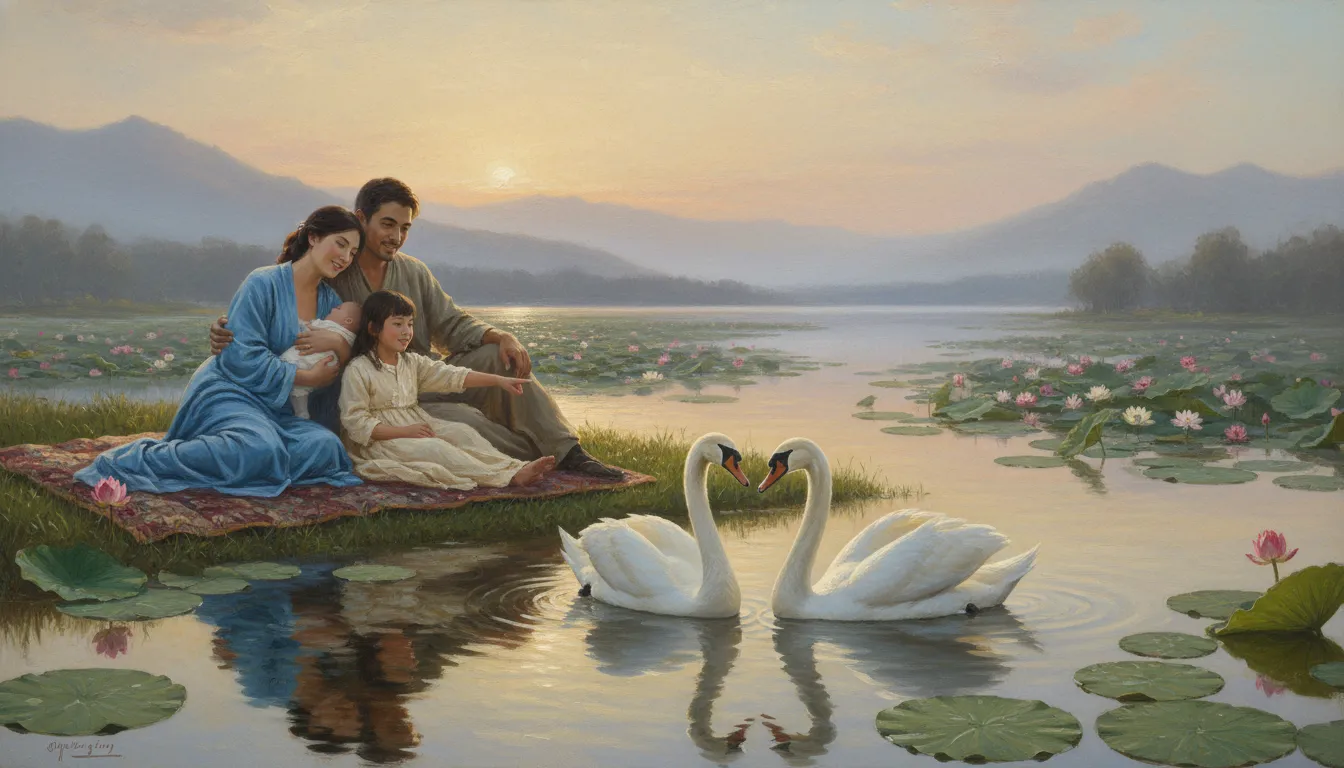 Family resting near a serene lake with two symbolic white swans