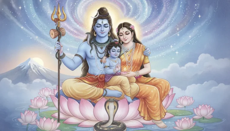 Illustration of a divine couple with a child, adorned with jewelry and symbolic elements