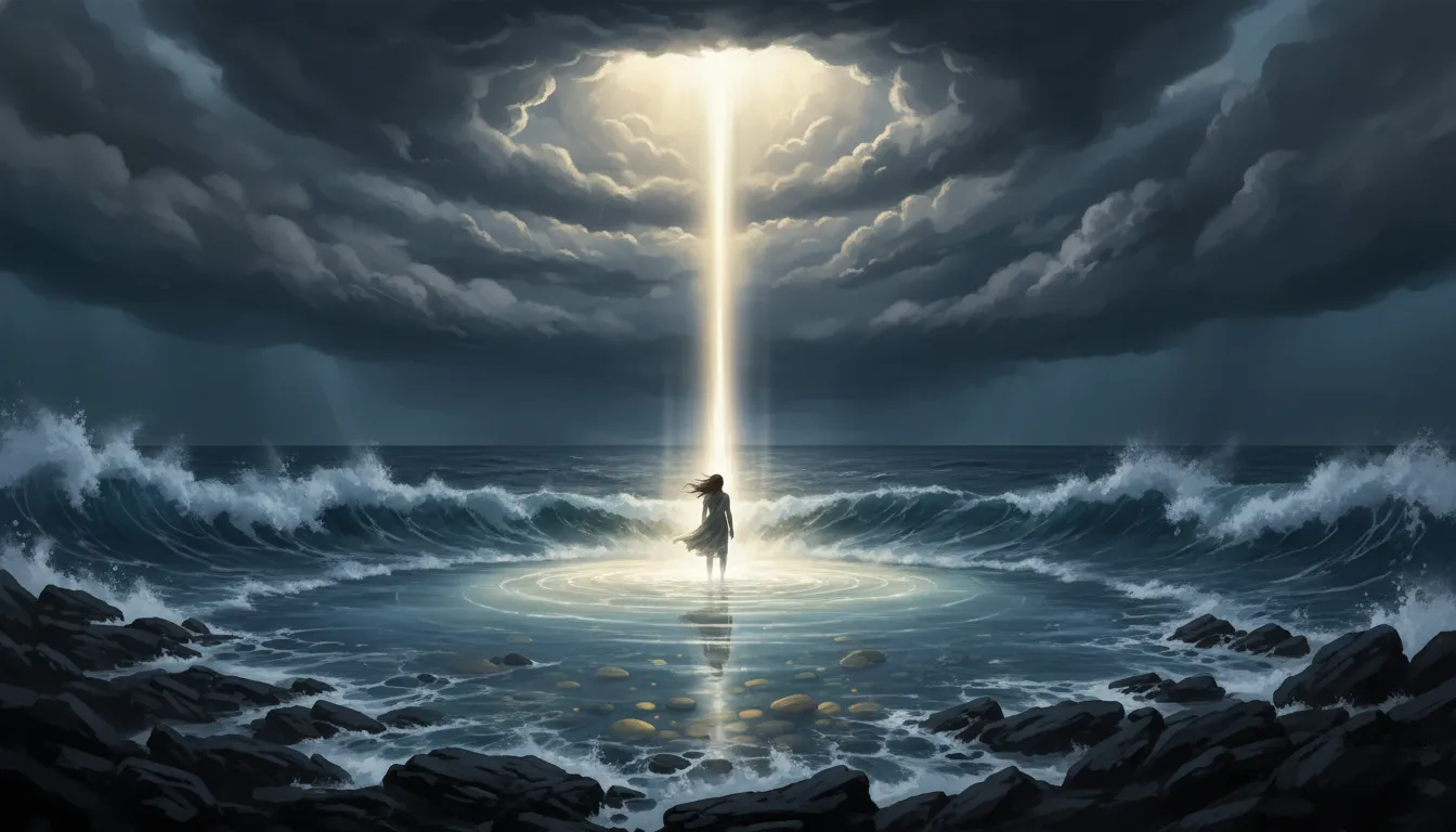 A person looking up at a powerful beam of light coming down from parting storm clouds