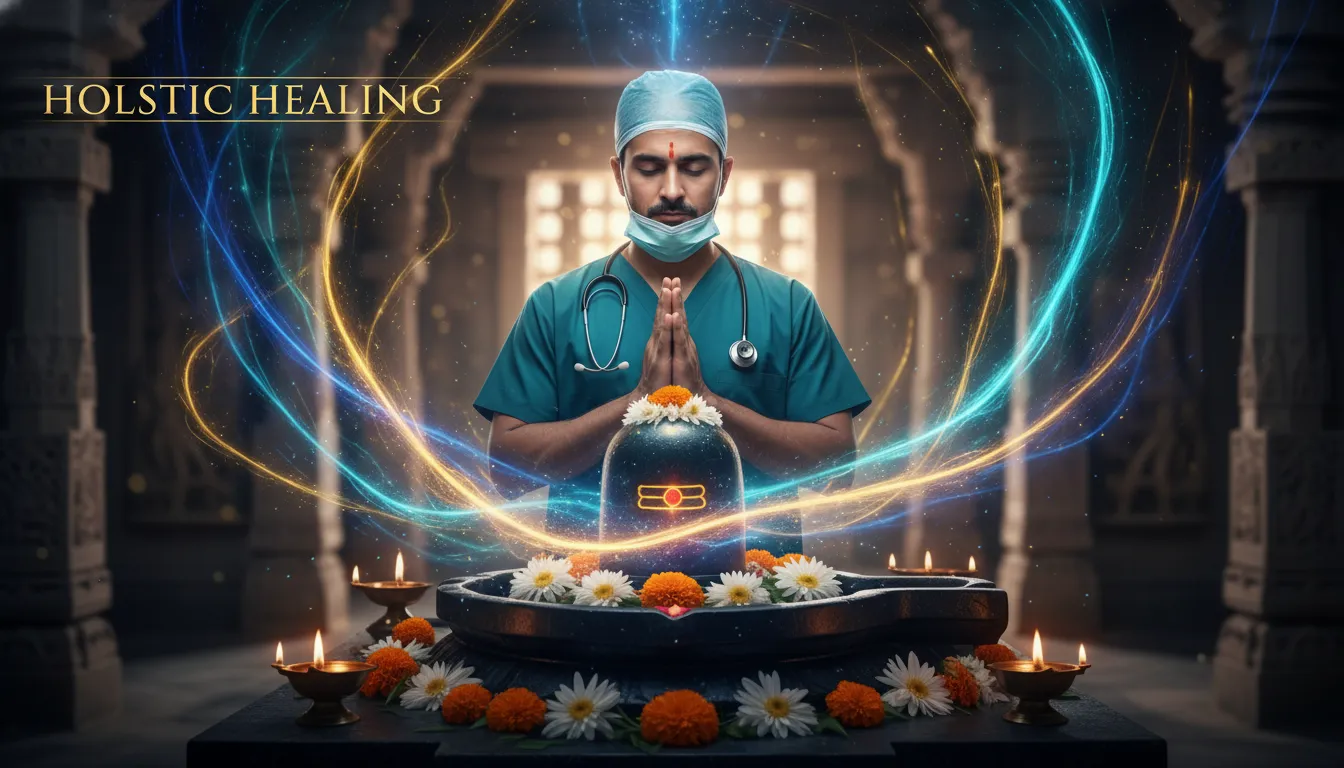 A doctor in medical uniform joining hands before a glowing Shivling, representing wellness, cosmic energy, and holistic healing.