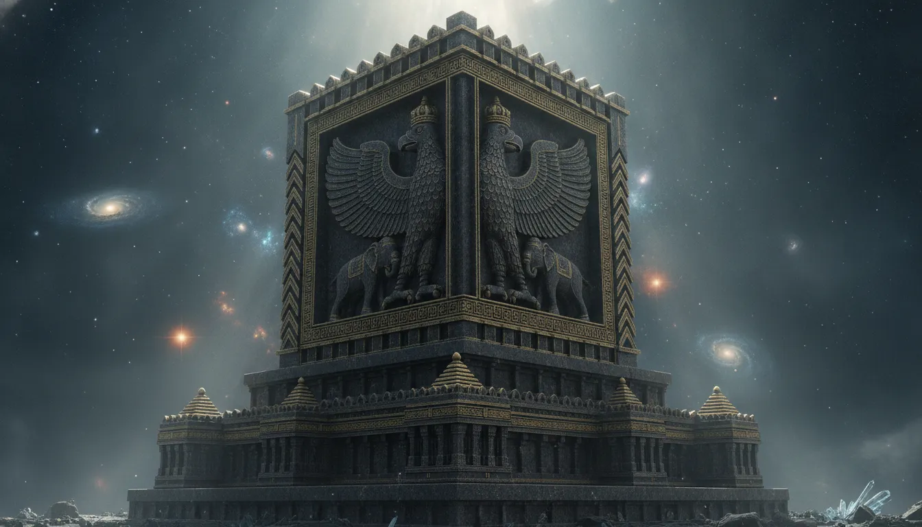 A royal temple pillar design featuring the majestic double-headed mythical eagle Ganda Bherunda holding elephants in its talons.