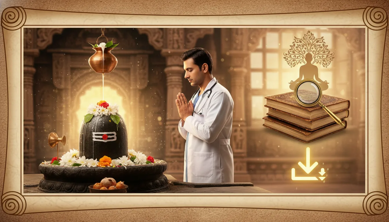 Graphic representation of an open book and document icon representing the downloadable PDF of Dr Shivling Shivacharya Maharaj's life history.