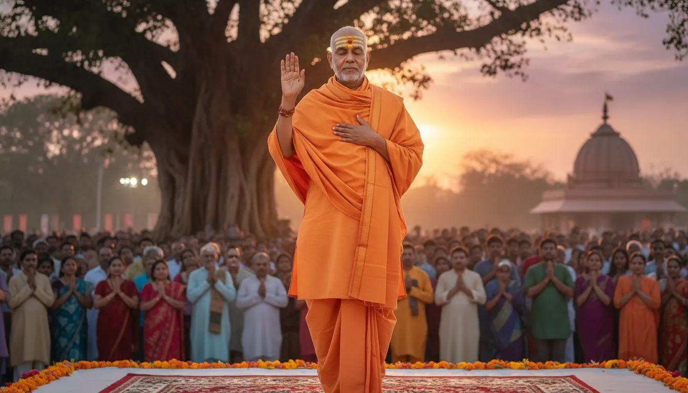Dr Shivling Shivacharya Maharaj image giving blessings with raised hand.