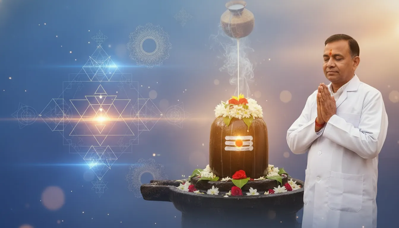 Widescreen desktop background of Dr Shivling Shivacharya Maharaj integrated with subtle sacred geometry patterns and a soothing color palette.