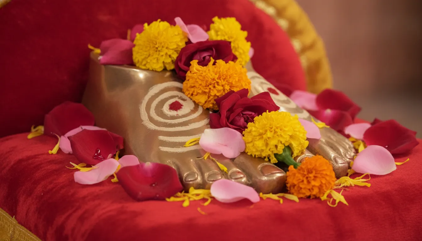 Dr Shivling Shivacharya Maharaj image showing the sacred feet decorated with flowers.