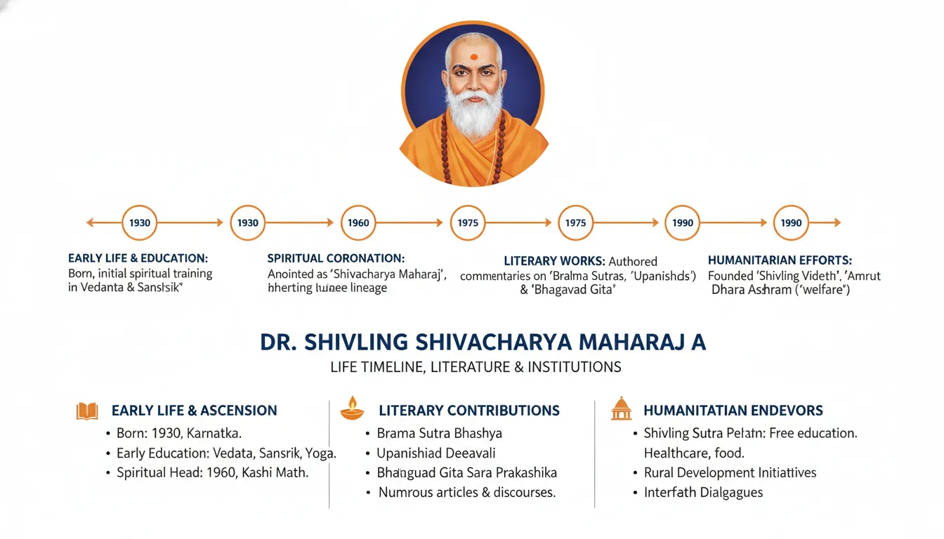 Educational timeline infographic detailing the key life milestones, literature written, and ashrams established by Dr Shivling Shivacharya Maharaj.