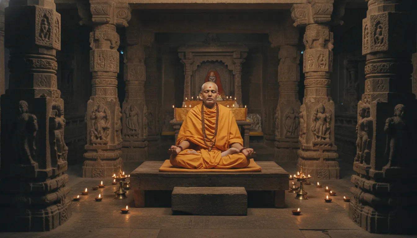 Dr Shivling Shivacharya Maharaj image meditating in a peaceful temple environment.