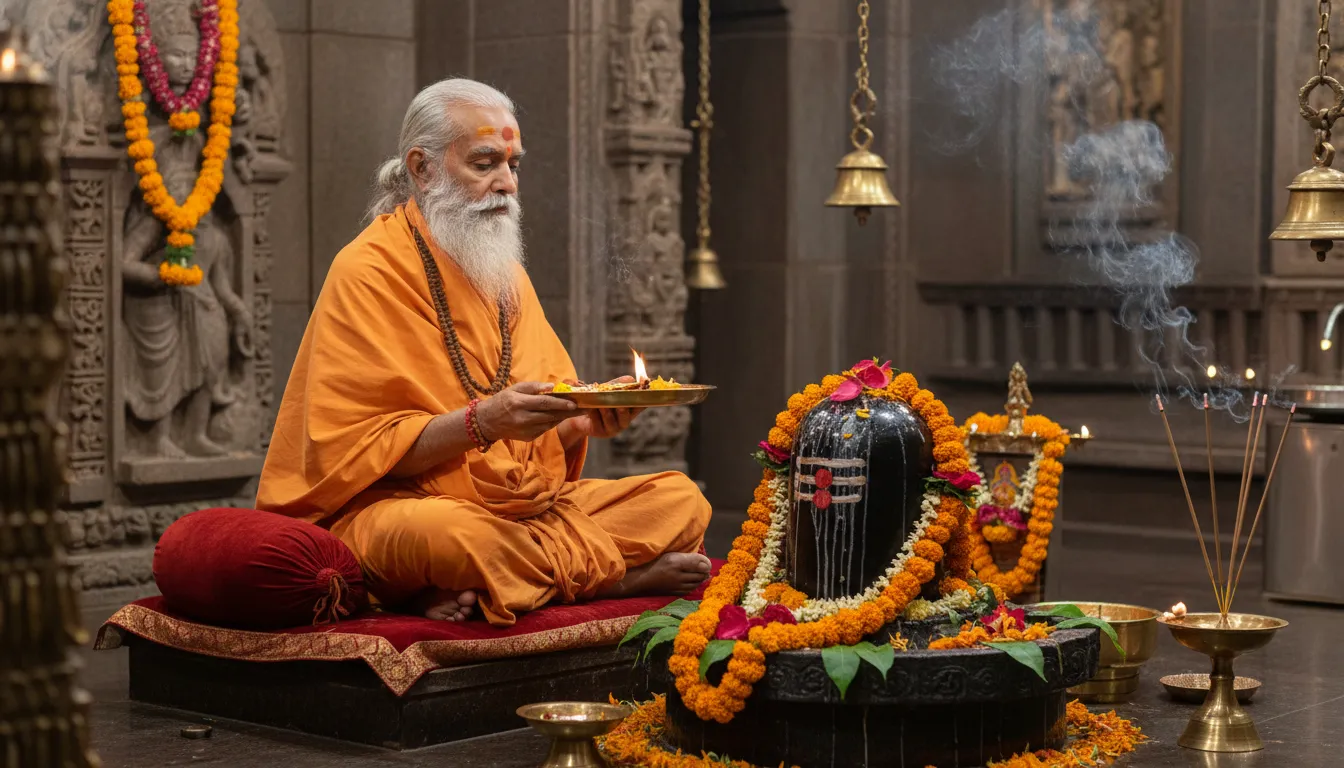 Dr Shivling Shivacharya Maharaj image performing a sacred ritual worship.